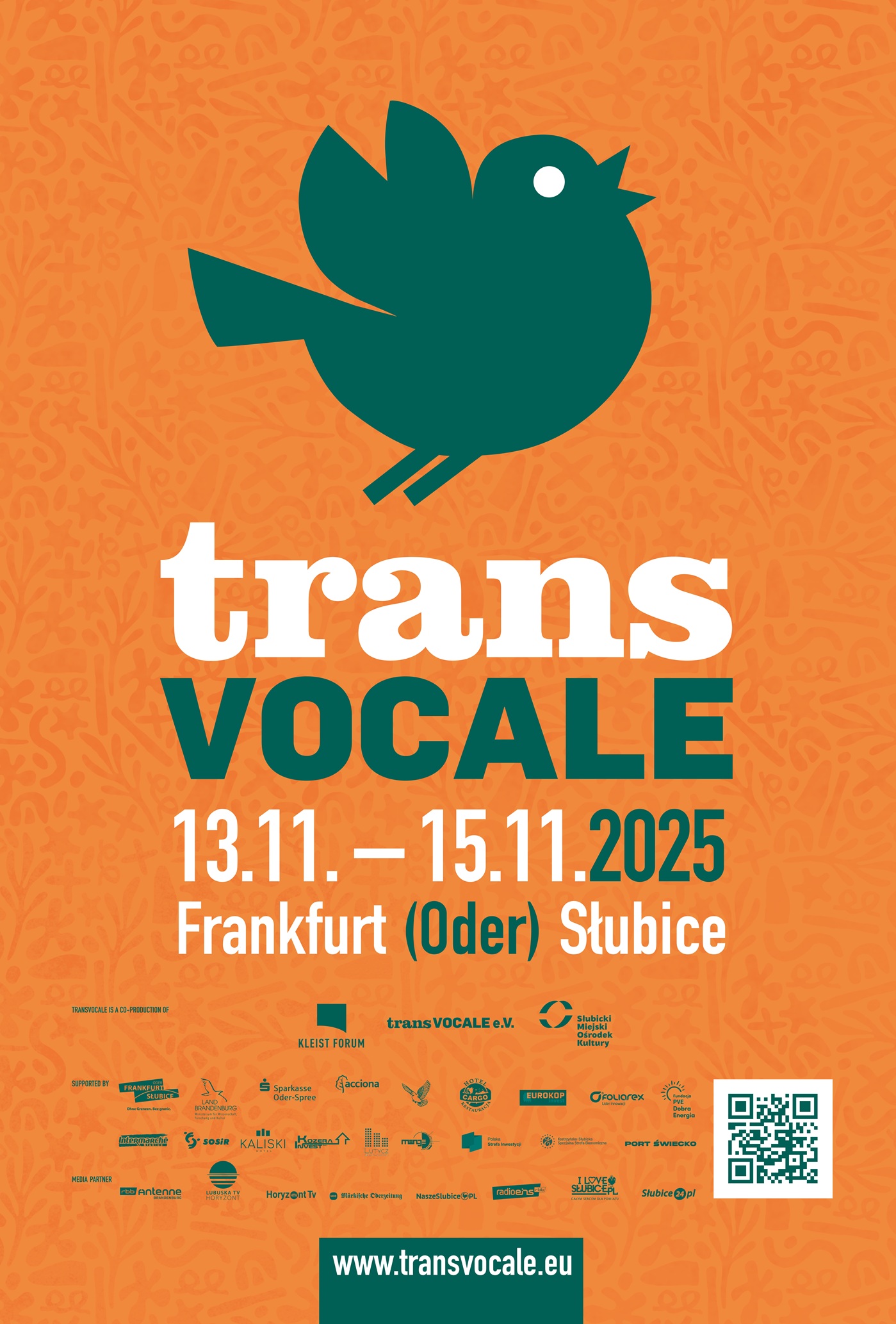 Plakatansicht mit grünem Vogel auf orangem Hintergrund